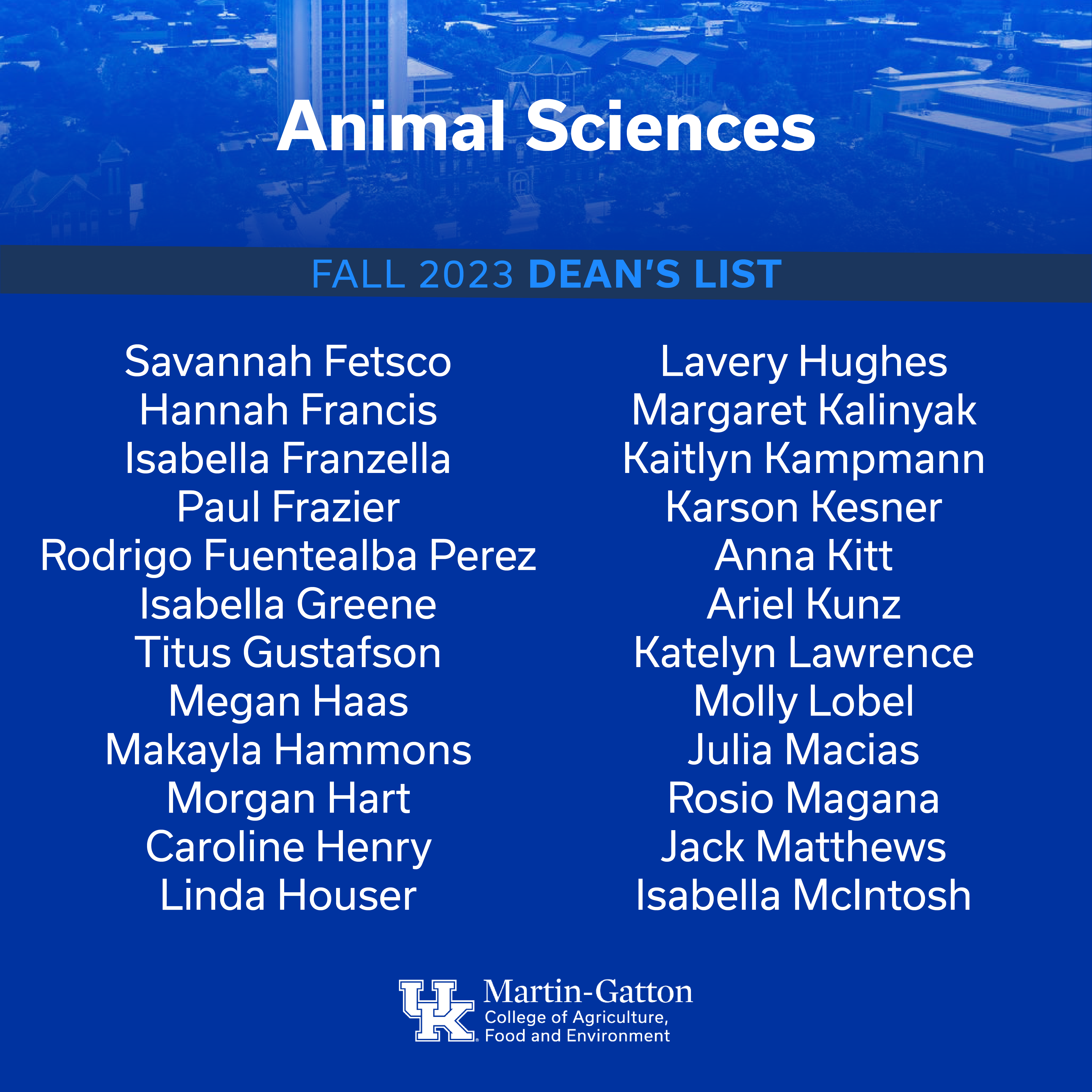 Fall 2023 Dean's List Animal & Food Sciences